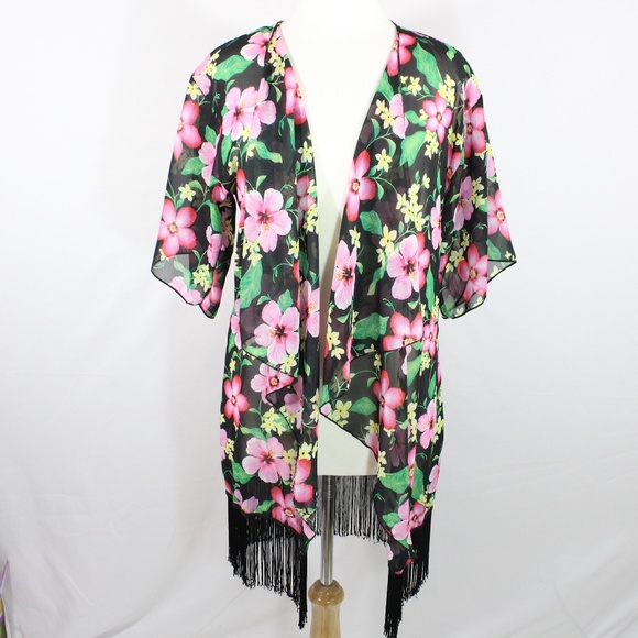LuLaRoe Tops - LuLaRoe Monroe Kimono Black Fringe Size S